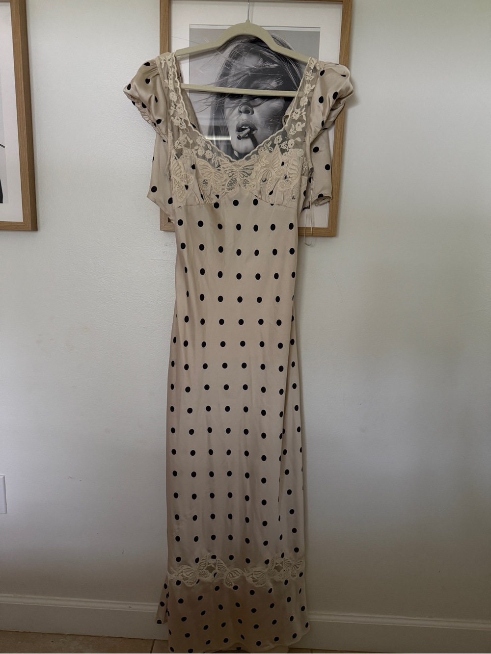 Free People Beige Maxi Dress with Black Polka Dots and Lace Trim